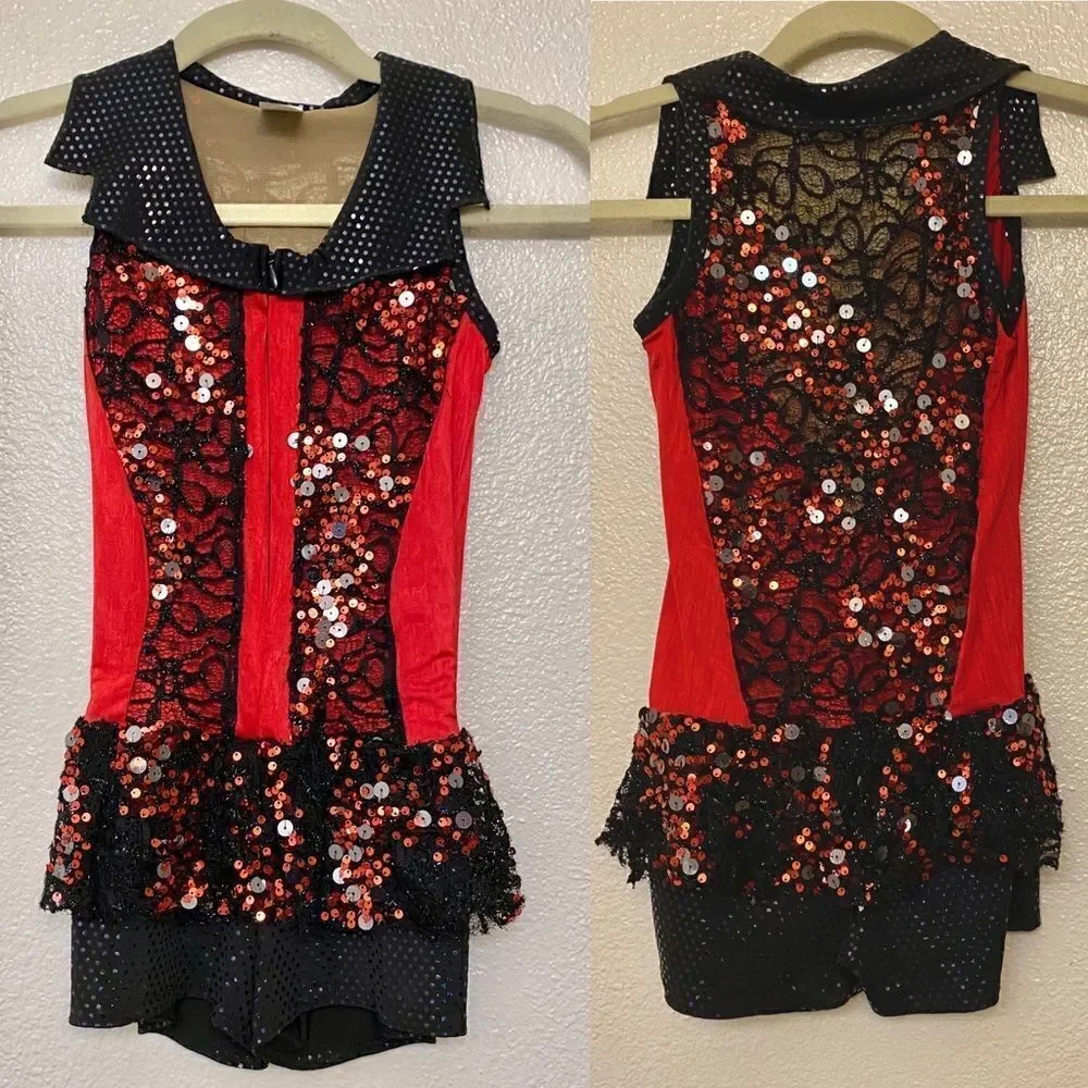 A Wish come true Dance costume red biketard full zip sequin jazz tap child IMC